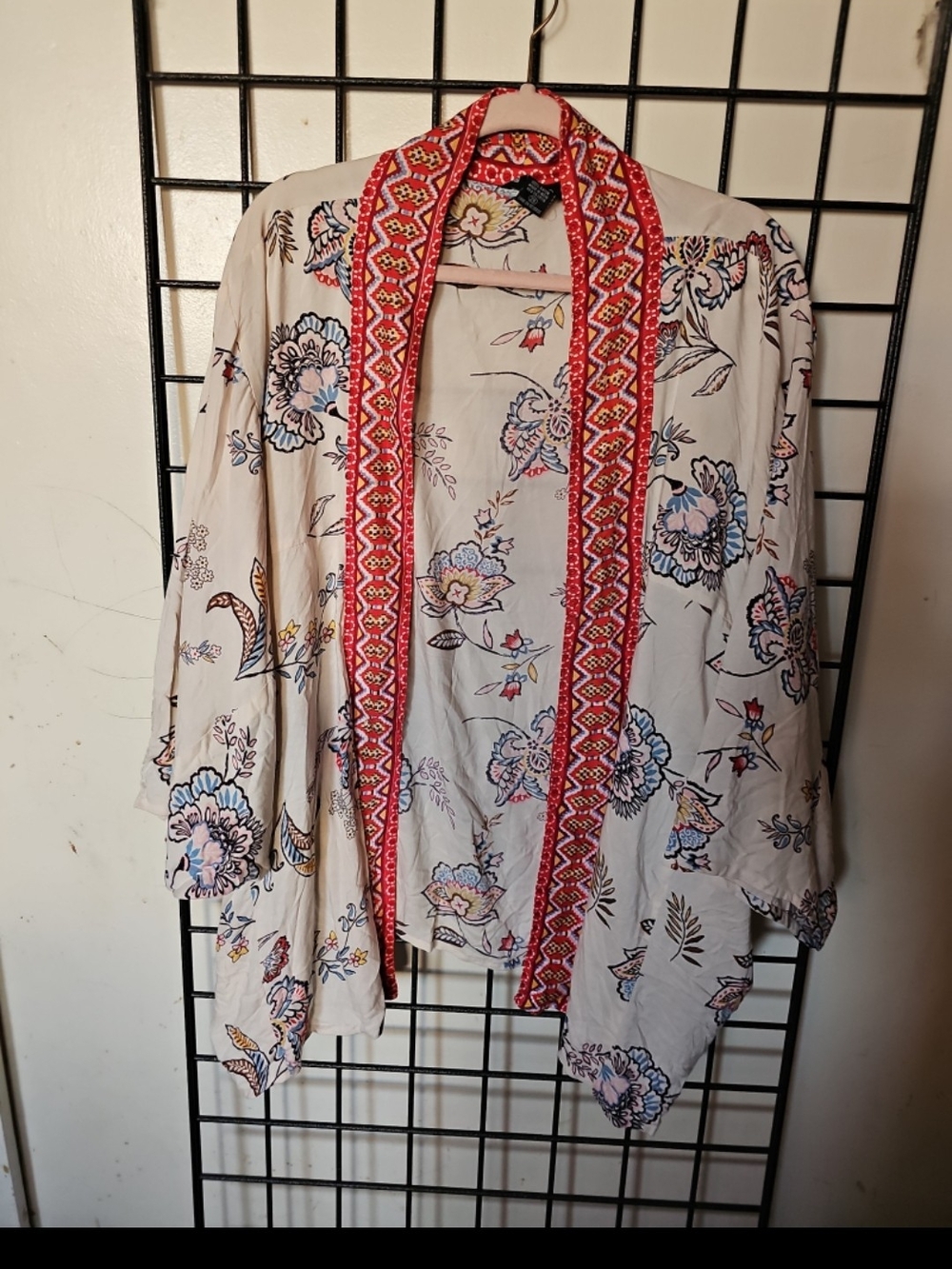 Angie Floral Open-Front Kimono with Red Embroidered Trim